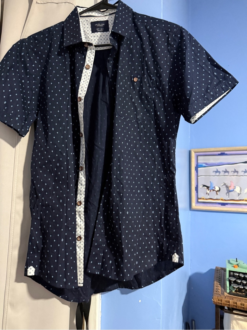 Level Ten small men’s Navy Short-Sleeve Button-Down Shirt with Micro Dot Print